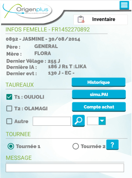 Capture d'écran de la page de l'inventaire de l'application Origenplus