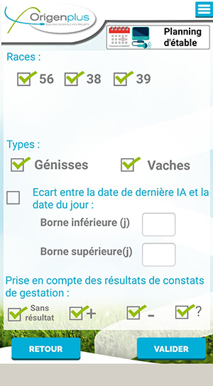 Capture d'écran du planning d'étable de l'application Origenplus